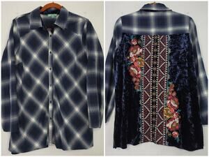 April Sky Plaid Floral Embroidered Velvet Top sz M Roll Tab Sleeves Button Front